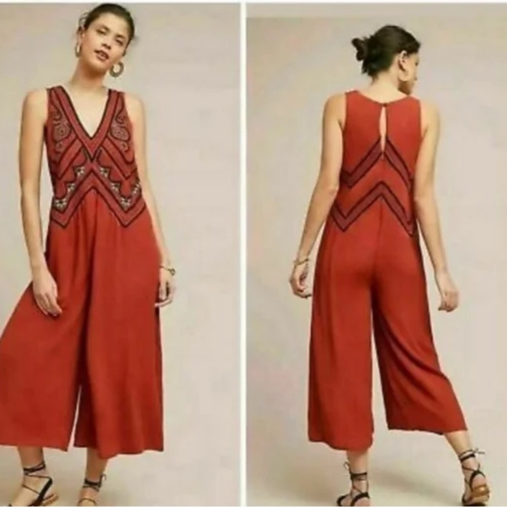Anthropologie | Maeve | Rust Red Embroidered Wide-Leg Jumpsuit